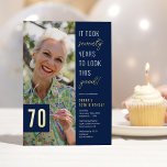 Seventy Photo Blue & Gold 70th Birthday Party Real<br><div class="desc">Celebrate in style with these modern real foil 70th birthday party invitations featuring a chic blue background,  a photo of the birthday boy/girl,  the funny saying 'it took seventy years to look this good!',  and a simple text template that is easy to personalize.</div>