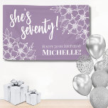Seventy Purple 70th Birthday Party Banner<br><div class="desc">Seventy Lavender Lilac White 70th Birthday Banner: Celebrate a milestone with this elegant 70th birthday banner. Featuring a sophisticated lavender or lilac purple background adorned with white flowers, this banner combines classic serif fonts and script typography in white for a stylish look. The text can be personalized to highlight the...</div>