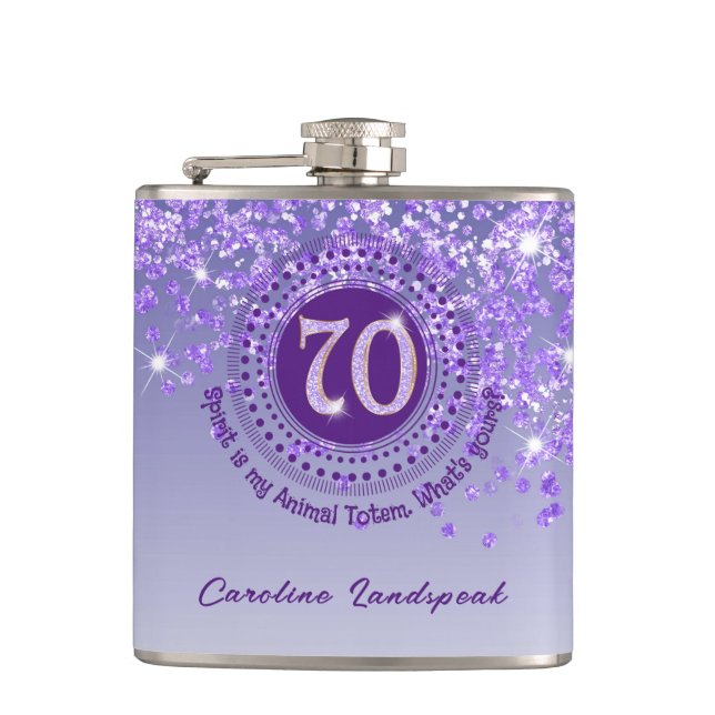 Seventy & Purple Glitter & Drinking Quote Hip Flask (Front)