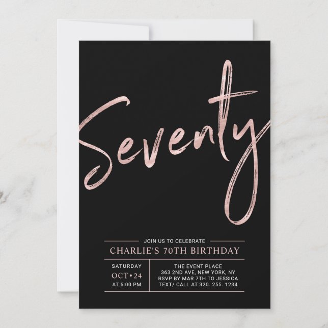 Seventy | Rose Gold & Black 70th Birthday Party Invitation (Front)