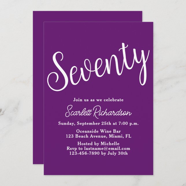 Seventy Script Autumn Purple 70th Birthday Party Invitation (Front/Back)