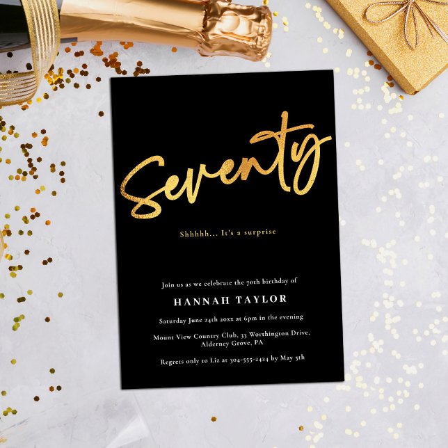 Seventy Simple Elegant Black Gold 70th Birthday Invitation (Creator Uploaded)