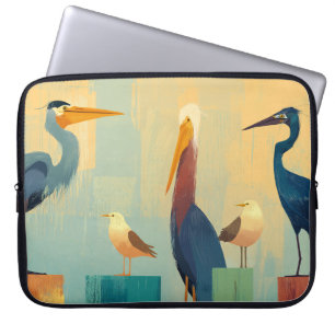 Several seabirds perched on pilings laptop sleeve