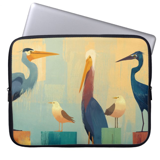 Several seabirds perched on pilings laptop sleeve (Front)