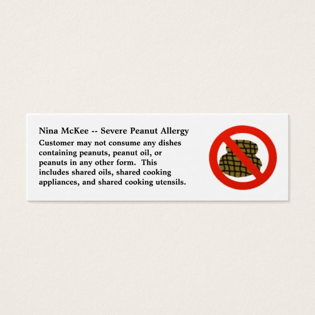 Severe Peanut Allergy Profile Card for Restaurants (Front)