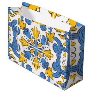 Seville Baroque Blue Golden Scrollwork Mediterrane Large Gift Bag