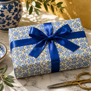 Seville Baroque Blue Golden Scrollwork Mediterrane Wrapping Paper