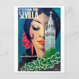 Seville, city tower and black haired woman,vintage postcard