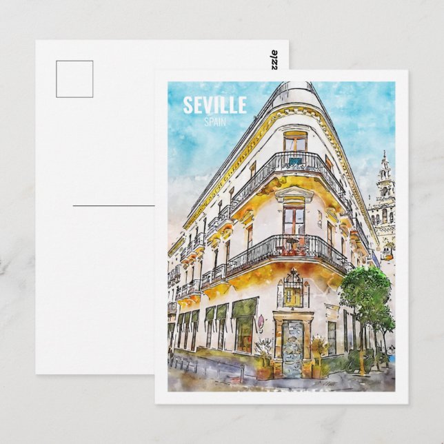 Seville Spain Famous Travel Watercolor Sketch Postcard (Front/Back)