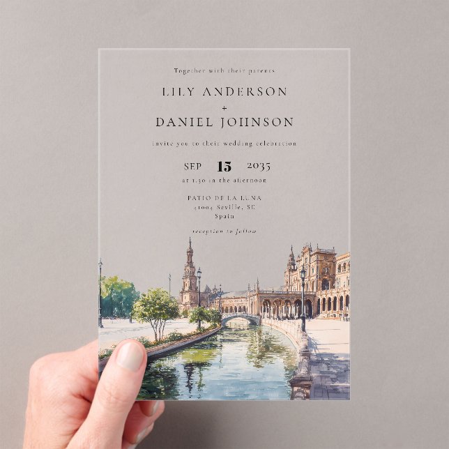 Seville Spain Watercolor Destination Wedding Acrylic Invitations (Insitu (Handheld))