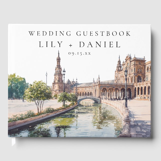 Seville Spain Watercolor Wedding Guest Book (Front)