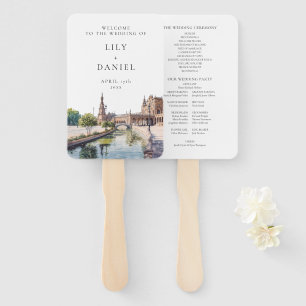 Seville Spain Watercolor Wedding Program Hand Fan