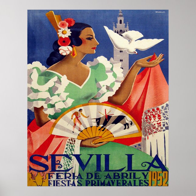Seville, Spain, woman with white pigeon, vintage Poster (Front)