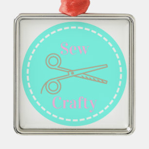 Sew Crafty Aqua Blue Circle with Scissors Metal Ornament