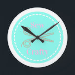Sew Crafty Pastel Pink Grey Aqua Round Clock<br><div class="desc">A happy design for those who love making,  crafting and creating!</div>