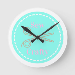Sew Crafty Pastel Pink Grey Aqua Round Clock