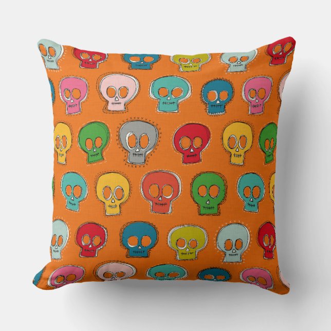 sew skully orange throw pillow (Front)
