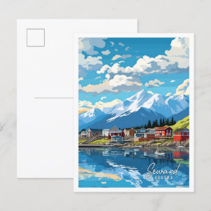 Seward Alaska Art vintage travel illustration Postcard