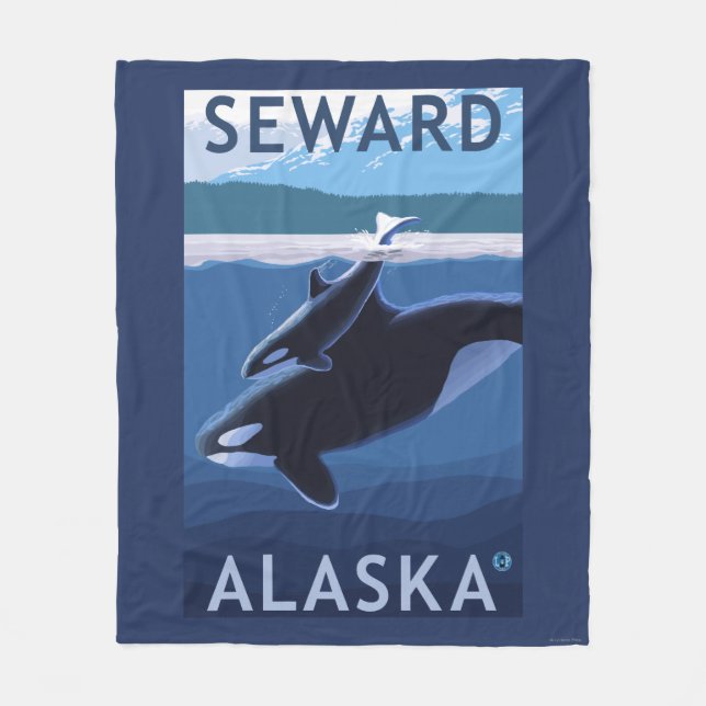 Seward, AlaskaOrca and Calf Scene Fleece Blanket (Front)