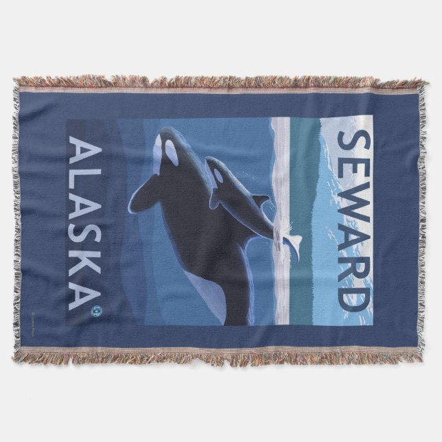 Seward, AlaskaOrca and Calf Scene Throw Blanket (Front)