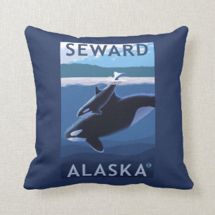 Seward, AlaskaOrca and Calf Scene Throw Pillow