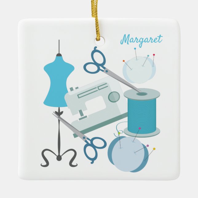 Sewing And Quilting Blue Ceramic Ornament (Front)