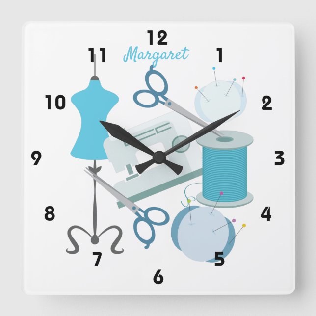Sewing and Quilting Blue Square Wall Clock (Front)