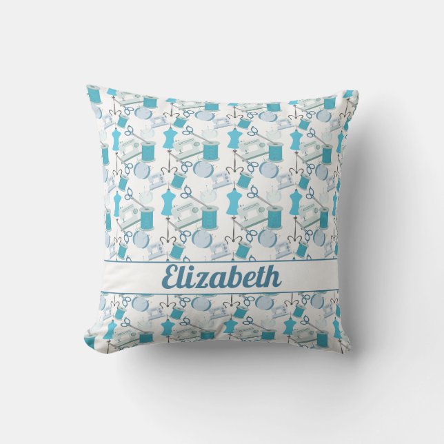 Sewing and Quilting Blue Throw Pillow (Front)