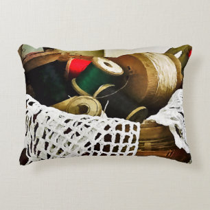 Sewing Basket With Thread and Lace Accent Pillow