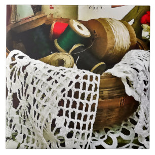 Sewing Basket With Thread and Lace Tile