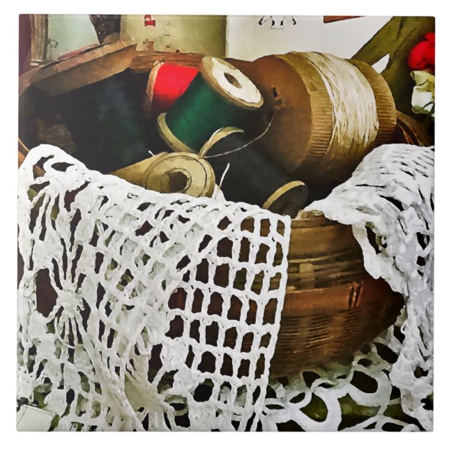 Sewing Basket With Thread and Lace Tile (Front)