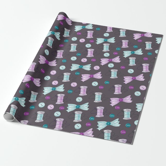 Sewing Buttons Bows Purple Teal Seamstress Pattern Wrapping Paper (Unrolled)