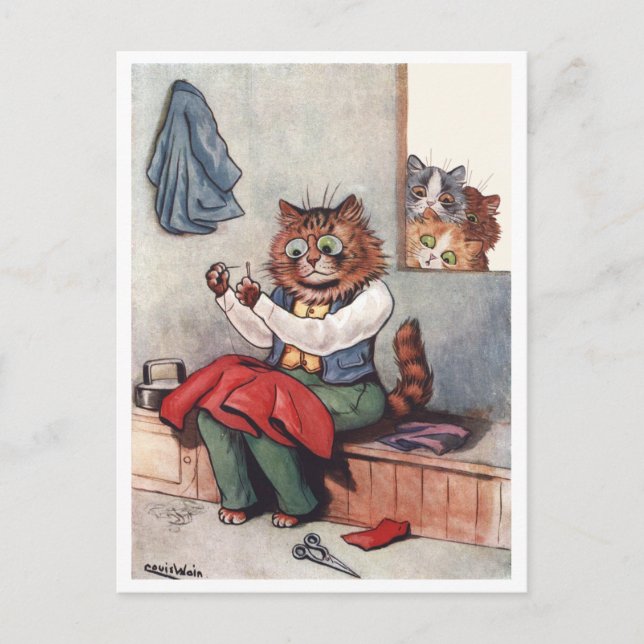 Sewing Cat Louis Wain Postcard (Front)