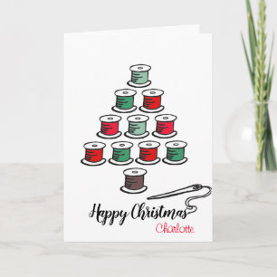 Sewing cotton reel Christmas tree red and green Card