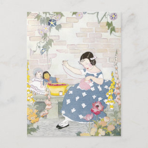 Sewing in a Garden of Foxglove & Poppies Postcard