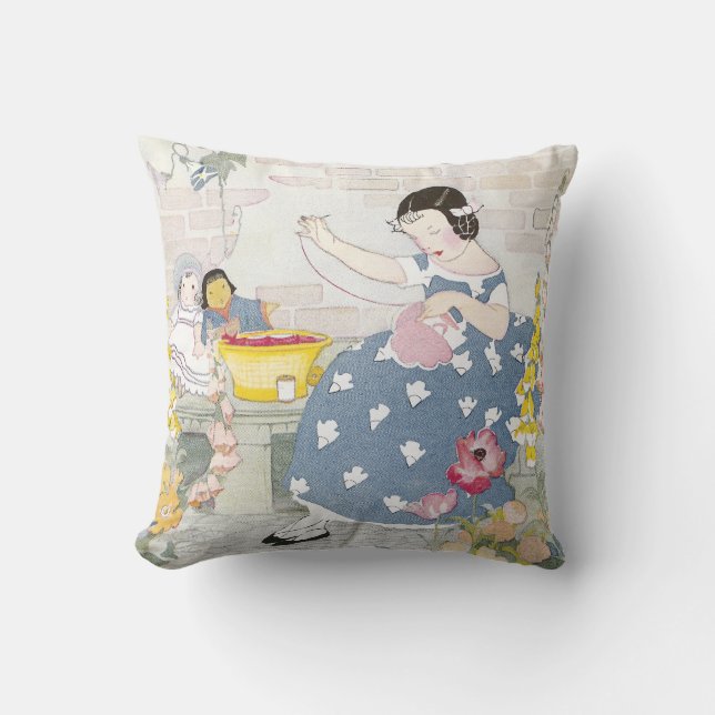 Sewing in a Garden of Foxglove & Poppies Throw Pillow (Front)