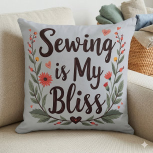 Sewing Is My Bliss Floral Typography Throw Pillow
