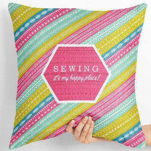 Sewing is my happy place boho aztec striped throw pillow