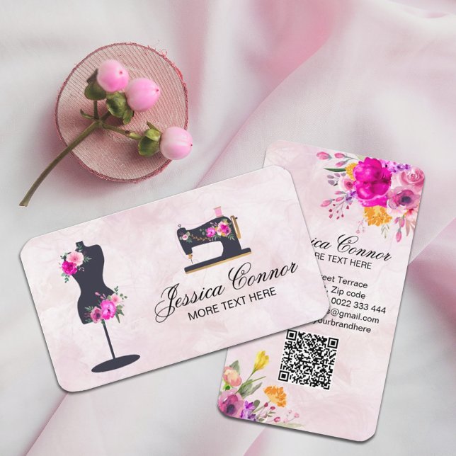 Sewing machine and QR Code spring wildflowers Business Card ( vintage sewing machine decorated with a spring wildflower bouquet andwatercolor background. #sewing)