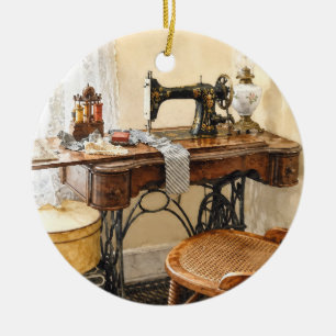 Sewing Machine and Thread Carousel Ceramic Ornament