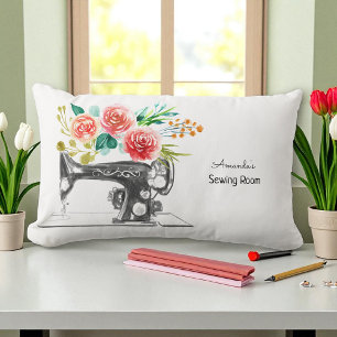 Sewing Machine Black White Floral Tailor Crafter Lumbar Pillow