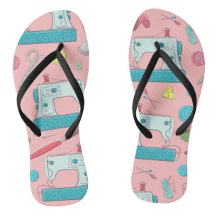Sewing machine buttons scissors seam ripper pink flip flops