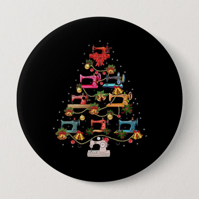 Sewing Machine Christmas Tree 4 Inch Round Button (Front)