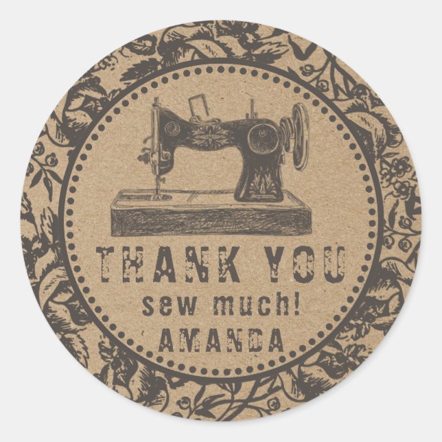 Sewing Machine Floral Kraft Paper Classic Round Sticker (Front)