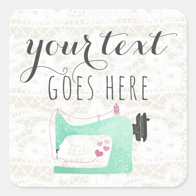 Sewing Machine on Shabby Chic Lace & Burlap Square Sticker (Front)