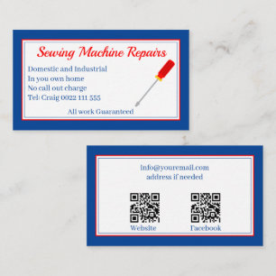 Sewing Machine Repairs QR Code Blue  Business Card