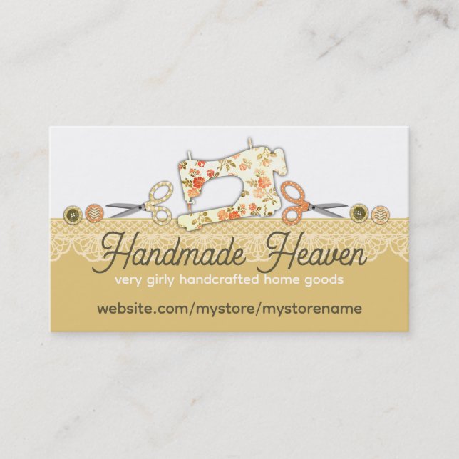 Sewing machine scissors buttons lace seamstress business card (Front)