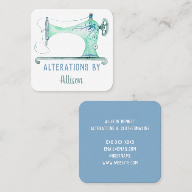 Sewing Machine Seamstress Watercolor Square Busine Square Business Card (Front/Back)