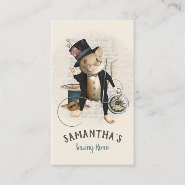 Sewing Mouse Victorian Inspired Illustration Business Card (Front)