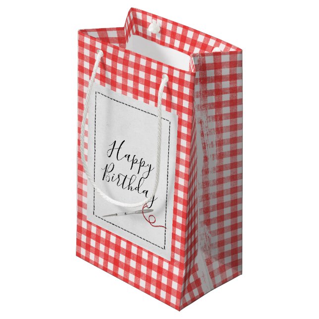 Sewing Needle Birthday Gingham  Small Gift Bag (Front Angled)